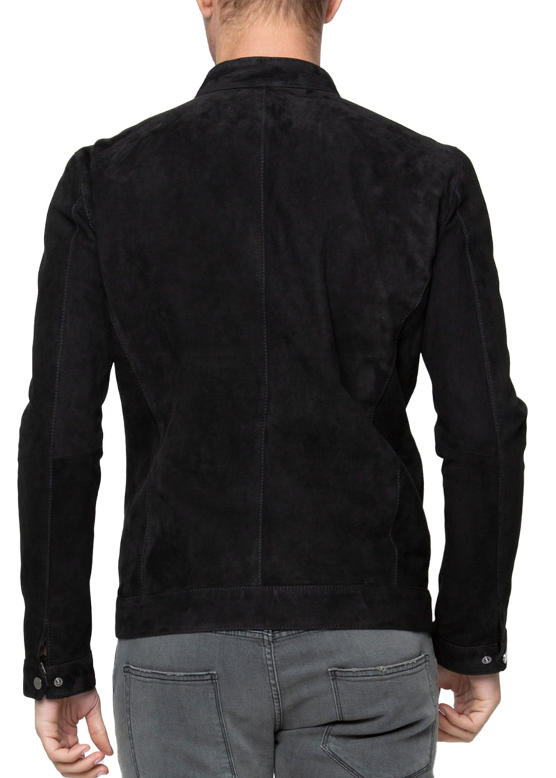 Back view (on a model) ARI Kent Black Cashmere Suede Jacket. Made in Italy