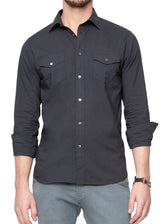 Front view on a model ARI Mussola Navy Blue Shirt w/ Pockets. Made in Italy
