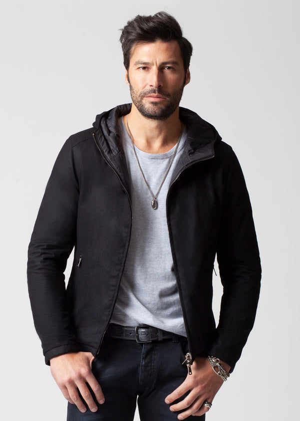 ARI REVERSIBLE MICRO CASHMERE HOODED JACKET IN BLACK