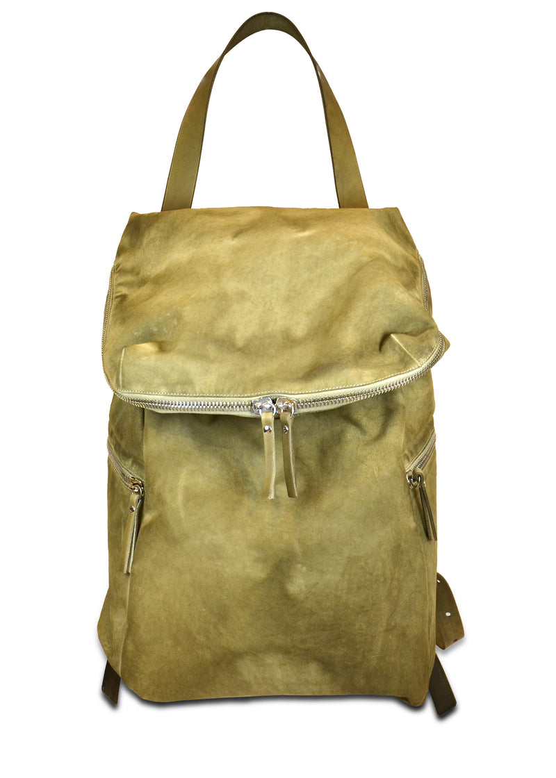 Front view Nicky Leather Backpack Olive by ARI. Made in Italy