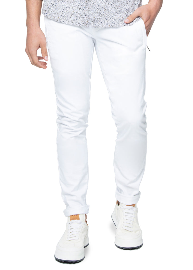 Front view on a model ARI P1A Drawstring Trousers White. Made in Italy