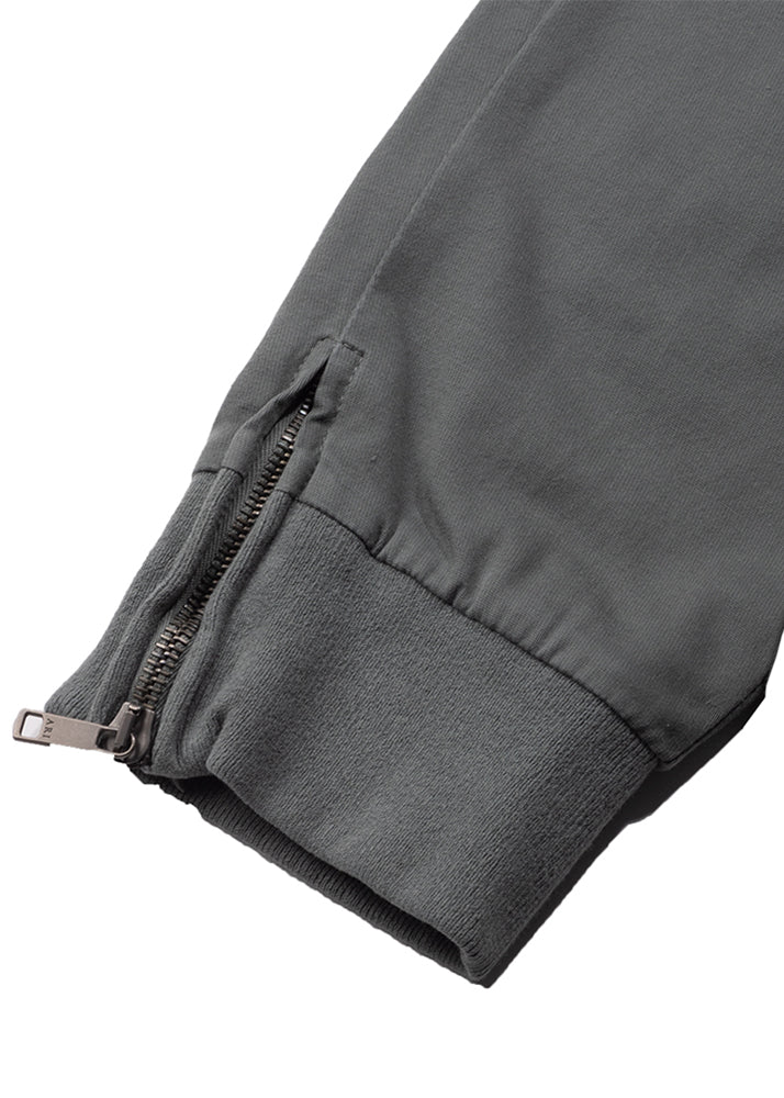 Detail zipper view of ARI Grey Travel Jogger Pants. Made in Italy