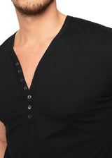 Detail; 5 buttons of ARI Short Sleeve Henley Black T-shirt. Made in Italy