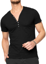 Front View on a model ARI Short Sleeve Henley Black T-shirt. Made in Italy
