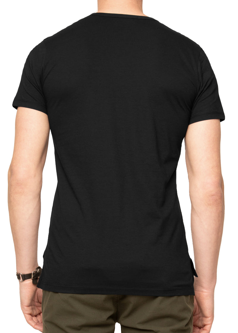 Back View on a model ARI Short Sleeve Henley Black T-shirt. Made in Italy
