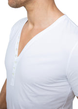 5 button detail ARI Short Sleeve Henley White T-shirt. Made in Italy