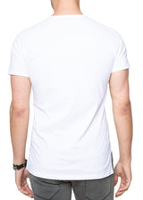 Back view on a model ARI Short Sleeve Henley White T-shirt. Made in Italy