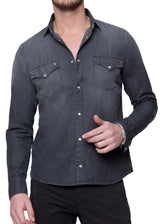 Front view on a model ARI Victor Black Wash Denim Shirt. Made in Italy