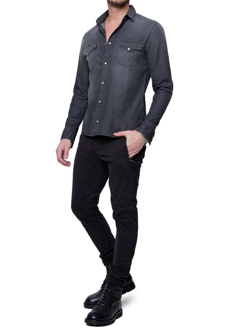 Complete look on a model ARI Victor Black Wash Denim Shirt. Made in Italy