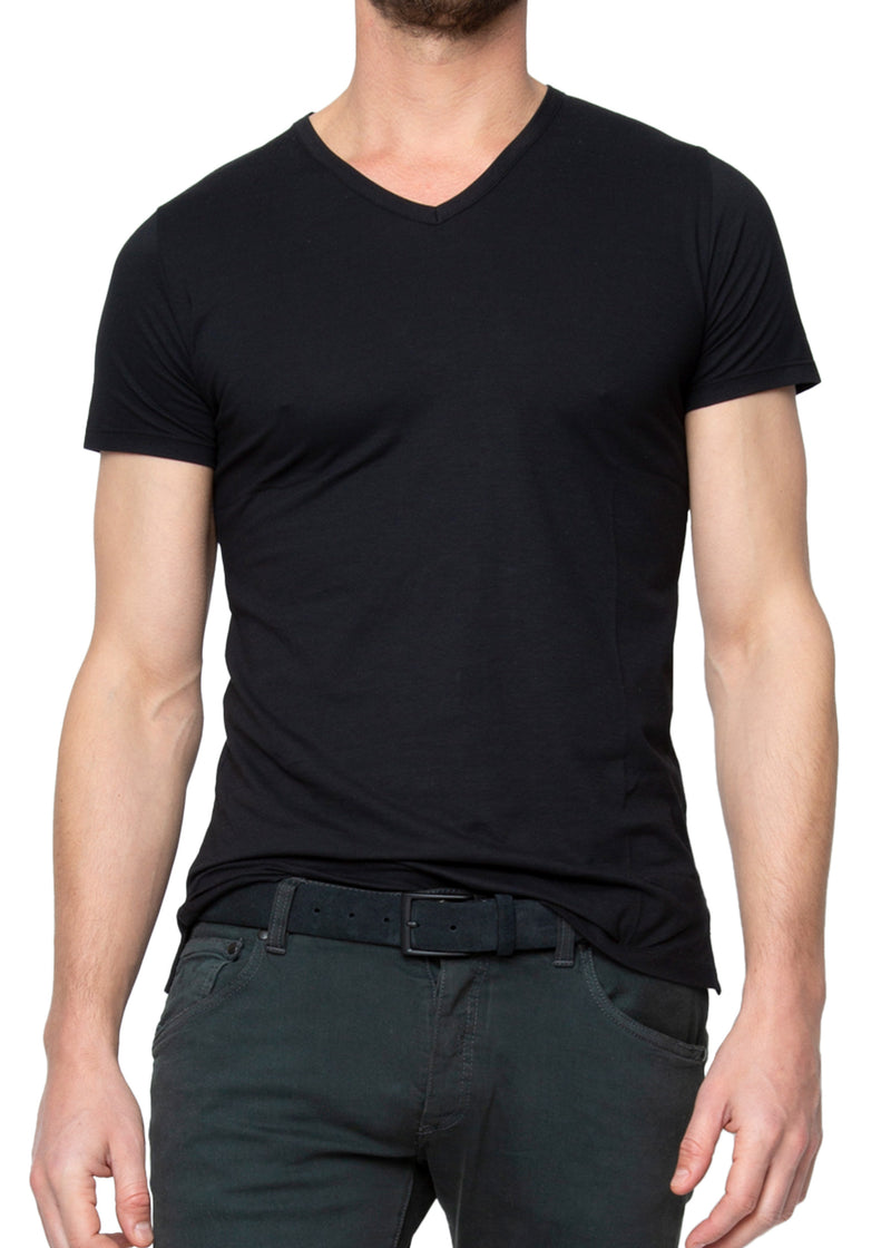 Front view (on model) ARI V-Neck Stretch Cotton T-Shirt Black. Made in Italy T-Shirt Black. Made in Italy