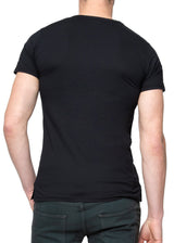 Back view (on model) ARI V-Neck Stretch Cotton T-Shirt Black. Made in Italy T-Shirt Black. Made in Italy