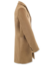 Side view ARI Camel Wool-Angora Travel Coat. Made in italy