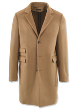 Front view ARI Camel Wool-Angora Travel Coat. Made in italy