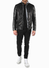 Front view ARI Kent Plonge Black Leather Jacket. Made in Italy