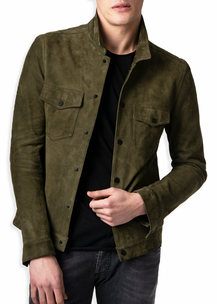 Model wearing ARI Collin Cashmere Suede Green Jacket. Made in Italy