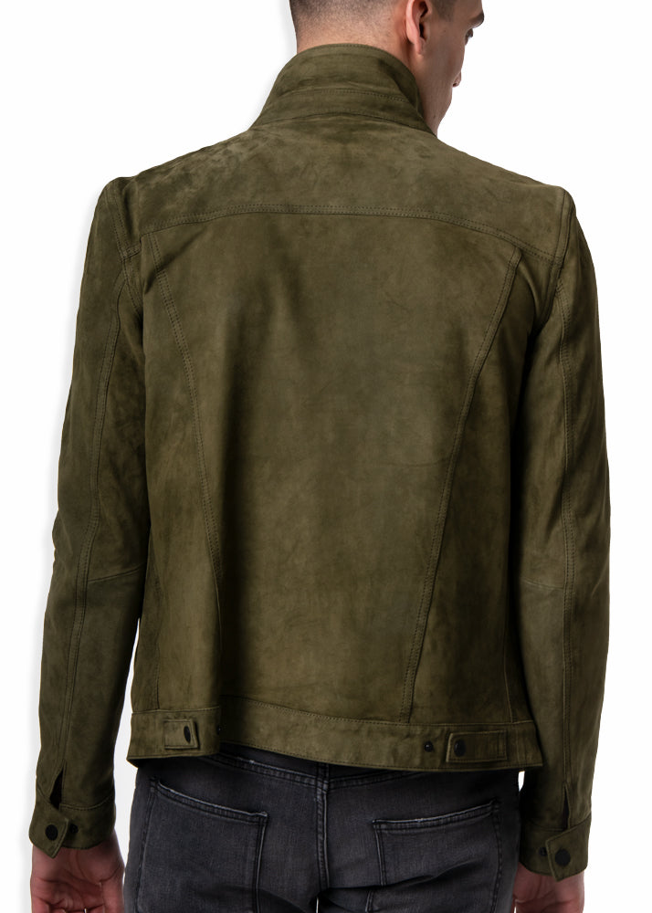 Back View ARI Collin Cashmere Suede Green Jacket. Made in Italy
