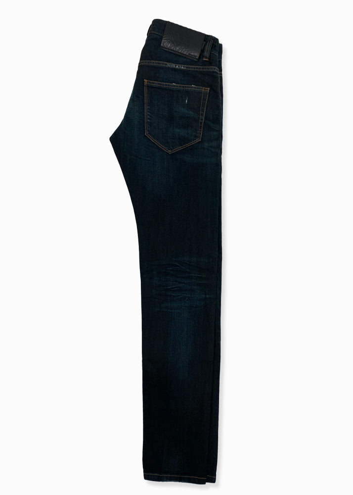Side view of ARI Deep Dark Blue Stretch Denim Jeans. Made in Italy