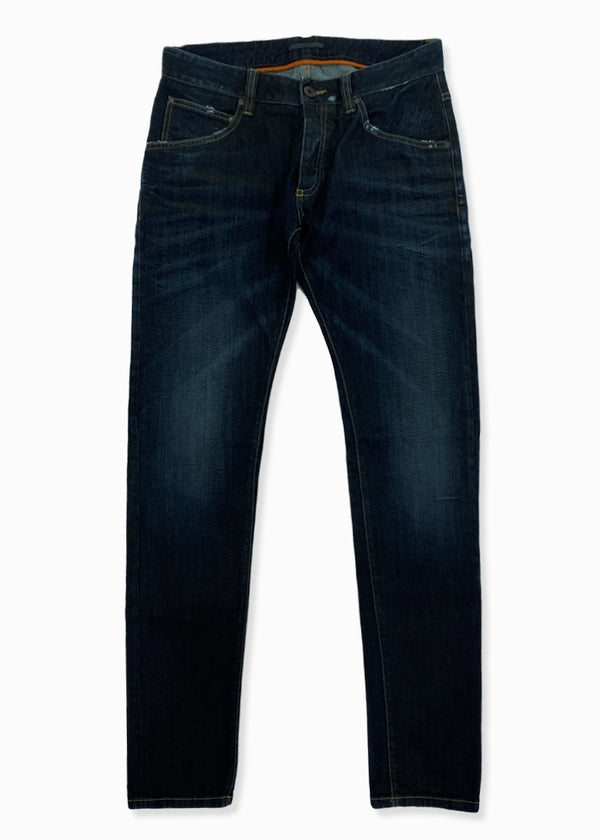 Front view of ARI Deep Dark Blue Stretch Denim Jeans. Made in Italy