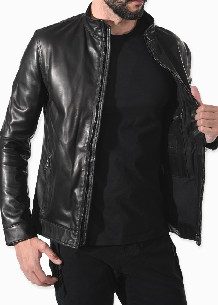 ARI Kent Plonge Black Leather Jacket. Made in Italy