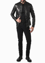 Front view (on a model) ARI Kent Plonge Leather Black Jacket. Made in Italy