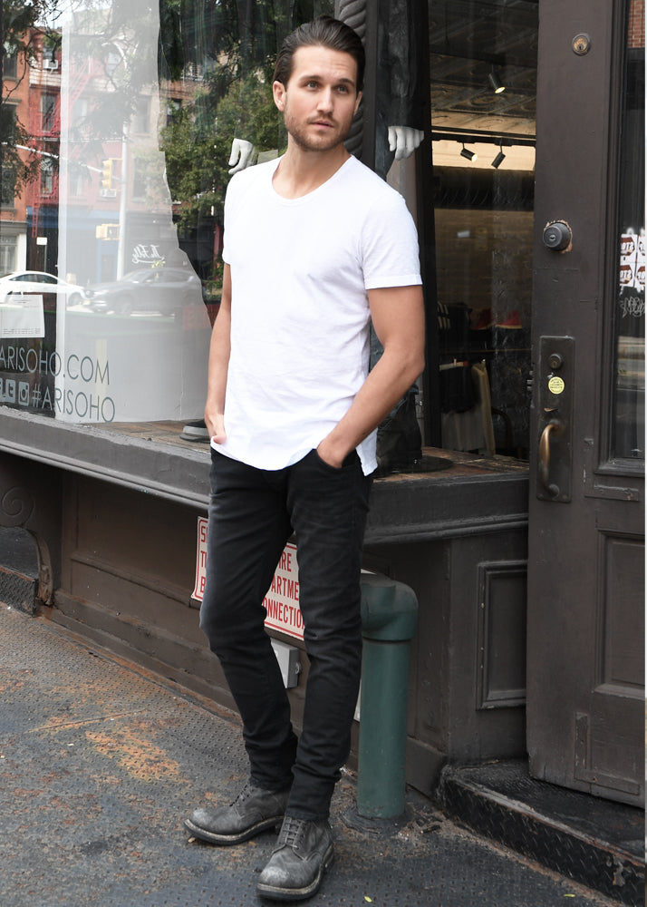 Complete look of ARI Black Raw Stretch Denim Jeans. made in Italy