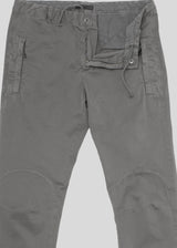Detail view (ziper and draw strings) ARI PA13 Grey Cotton Trousers. Made in Italy 