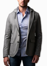 Front view (on a model) ARI Fuji Light Grey Cashmere Travel Jacket. Made in Italy