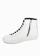 Side view with zipper  ARI Mercer White High Top Sneakers. Made in Italy White Laces 