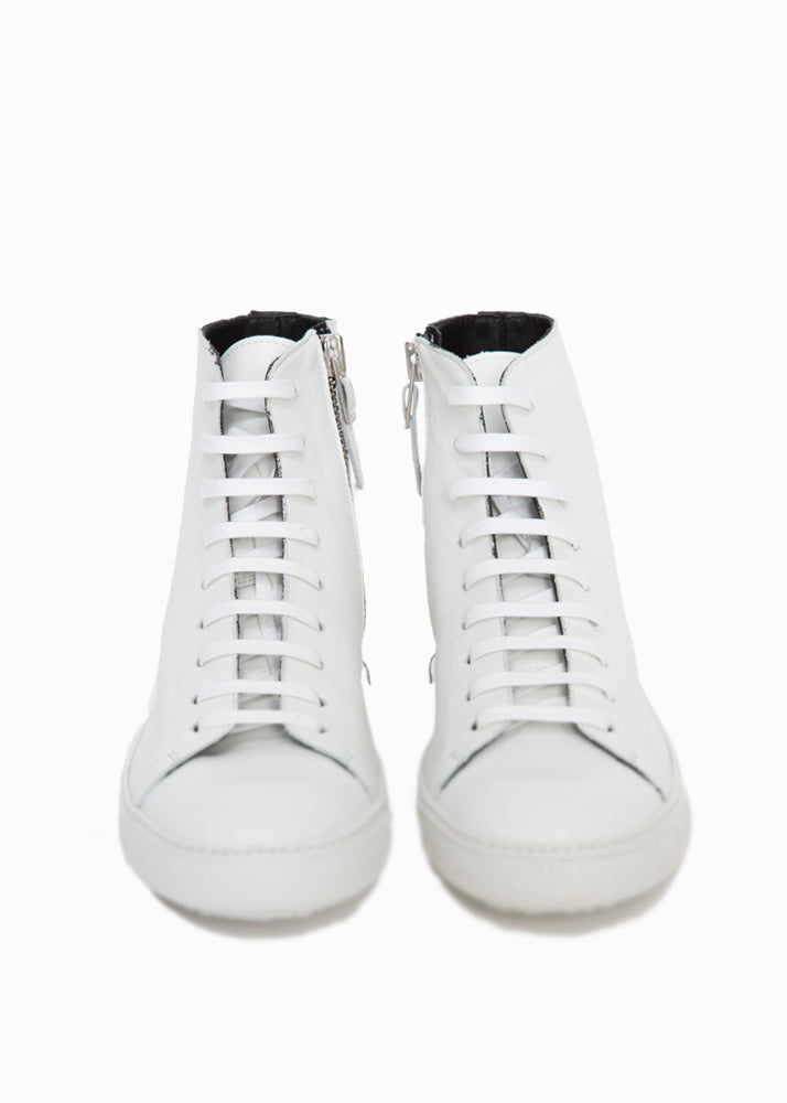 Front view  ARI Mercer White High Top Sneakers. Made in Italy White Laces 