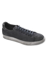 Right view (one shoe) ARI Low Top Sneaker in Blue Wash Suede. Made in Italy