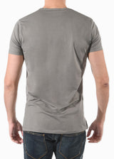 Back view on a model of ARI V-NECK Stretch Cotton T-SHIRT Grey. Made in Italy