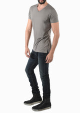 Complete side view on a model of ARI V-NECK Stretch Cotton T-SHIRT Grey. Made in Italy