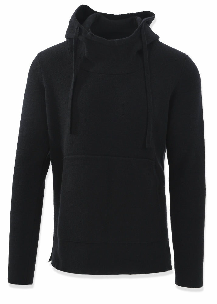 Front view ARI Cashmere Knit Hoodie Black. Made in Italy