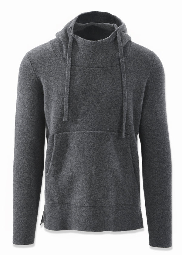 Front view ARI Cashmere Knit Hoodie Charcoal. Made in Italy